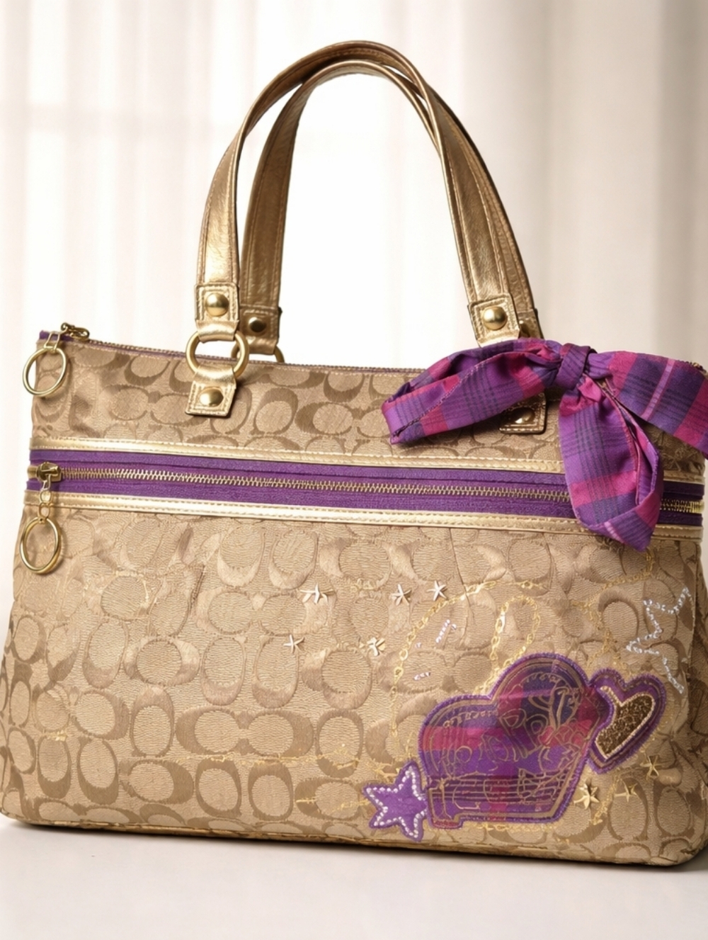 Rare Coach Poppy Tartan Plaid Appliqué Large Glam Tote